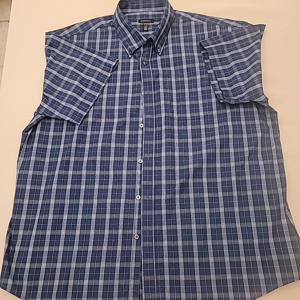 Van Heusen Mens  XXL Short Sleeve Button Up Shirt Blue Plaid Casual 18-18.5